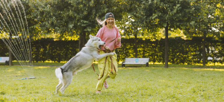 Girl and dog having fun